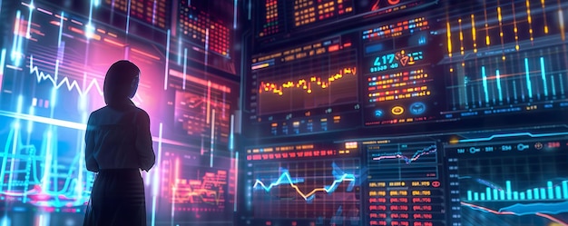 Investor reviewing mutual fund performance on a digital screen surrounded by colorful graphs and financial reports