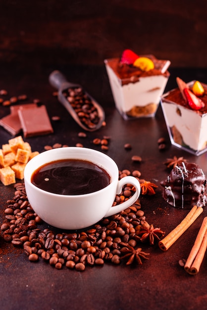 The invigorating morning coffee with sweets. It can be used as a background