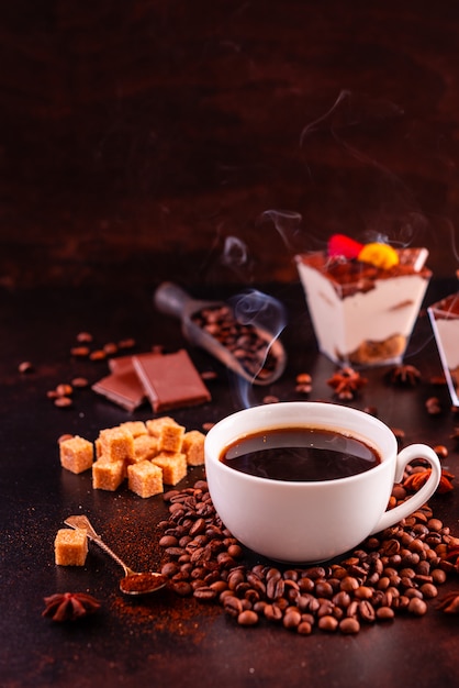 The invigorating morning coffee with sweets. It can be used as a background