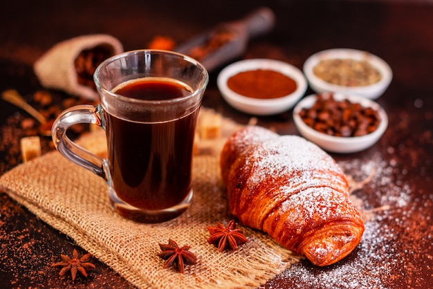 The invigorating morning coffee with sweets. It can be used as a background