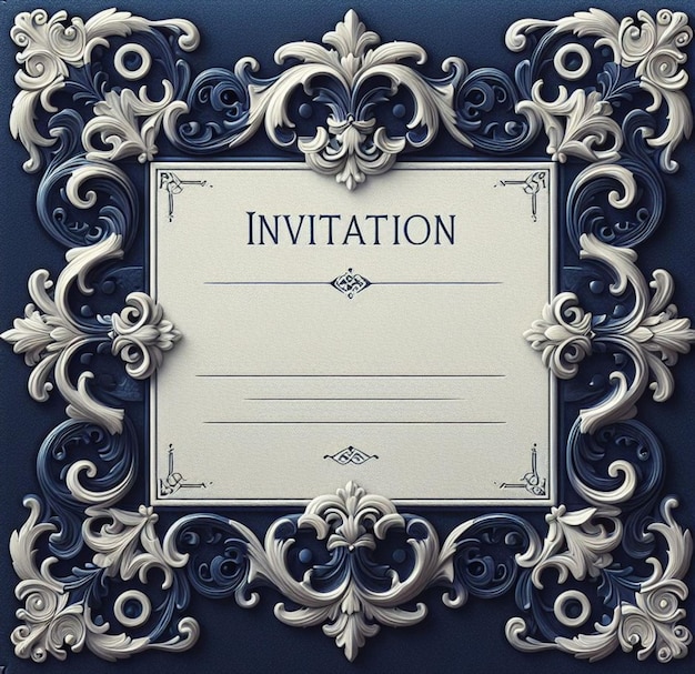 Photo invitation card design with classic carved ornament embossed frame there is space for greetings