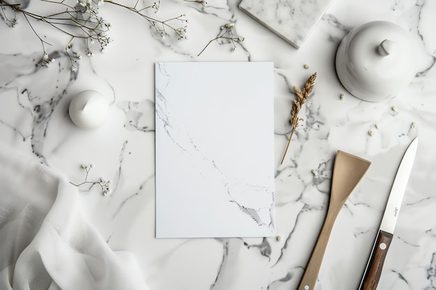 An invitation card displayed on a modern marble countertop with sleek kitchen accessories Romantic