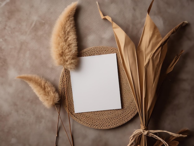 Invitation card mockup on brown background Wedding and celebration concept Boho style