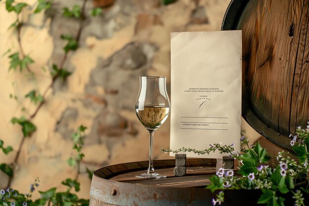 An invitation card on a rustic wooden barrel with wine glasses for a vineyard event Romantic style