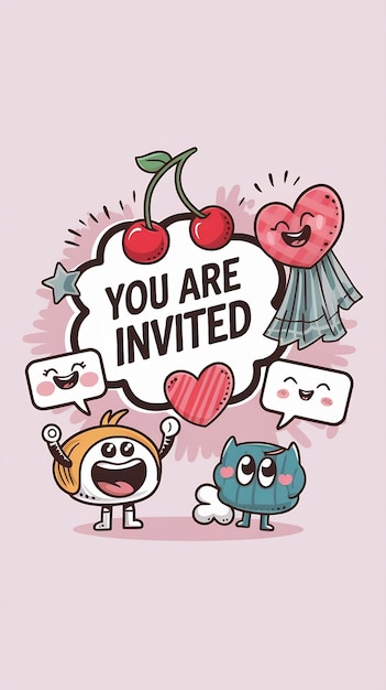 Photo invitation card template you are invited with funny comic cute characters and doodles cherry an