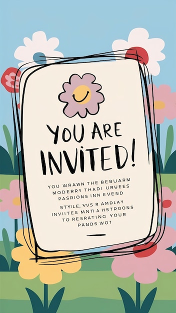 Photo invitation card template you are invited with spring vibe and flower pattern cartoon style