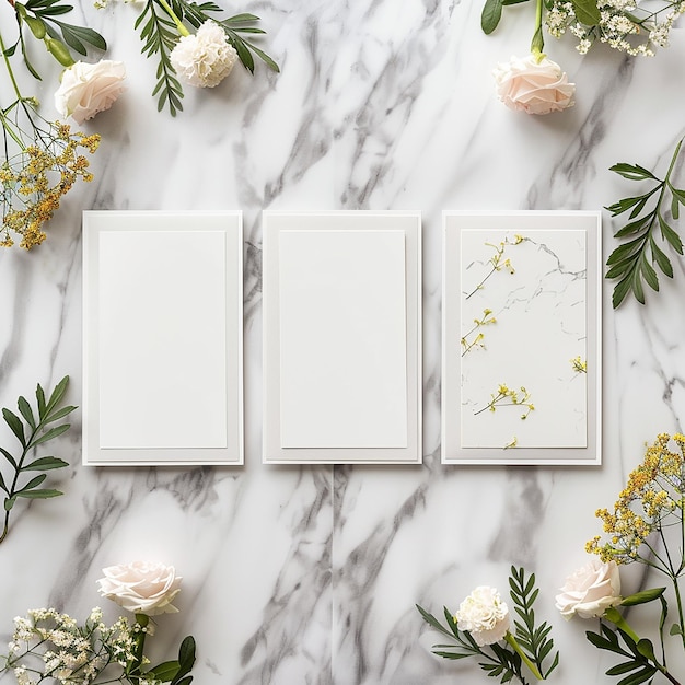 invitation card with flowers on sides with marble background