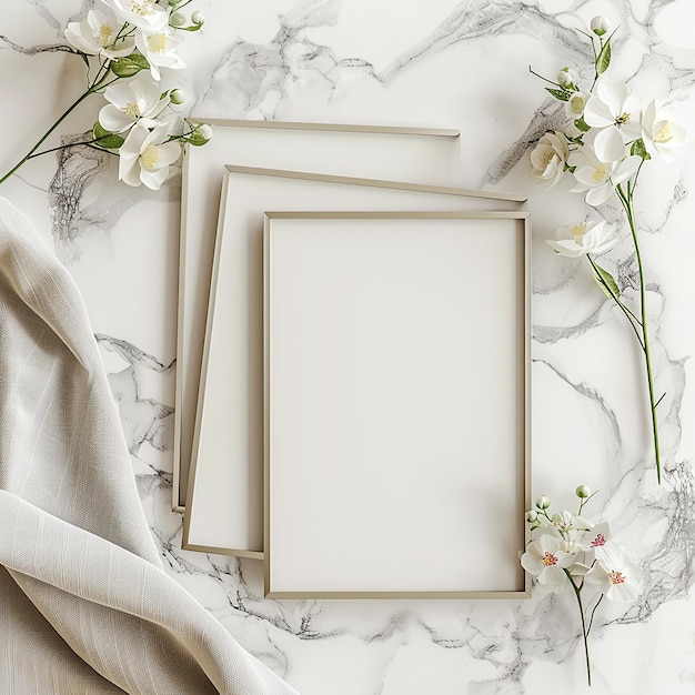 invitation card with flowers on sides with marble background