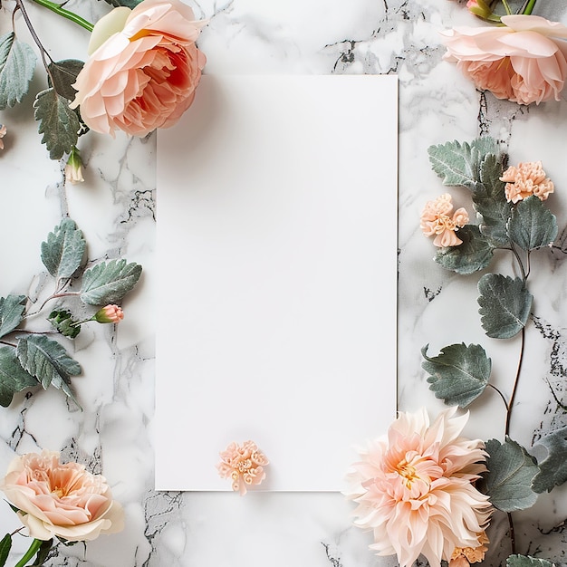 Photo invitation card with flowers on sides with marble background