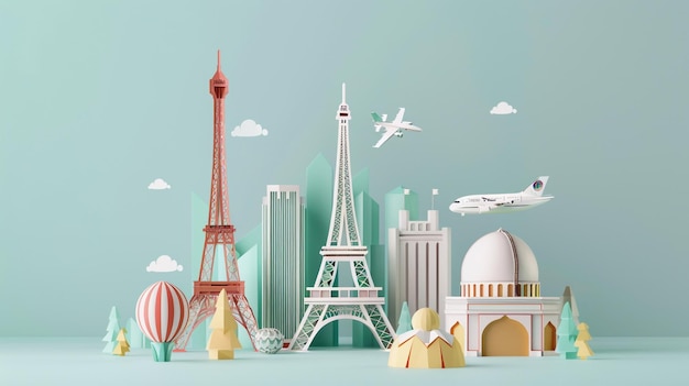 An invitation design showing iconic landmarks around the world in 3d