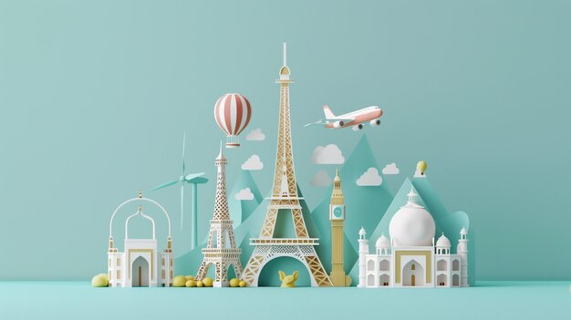 An invitation design showing iconic landmarks around the world in 3d