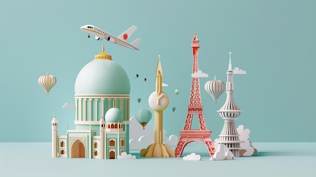 An invitation design showing iconic landmarks around the world in 3d