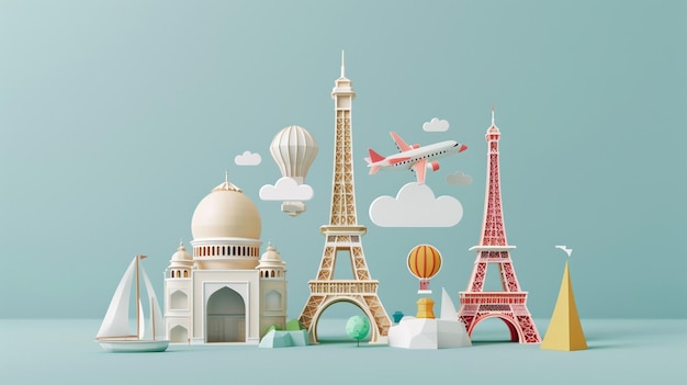 An invitation design showing iconic landmarks around the world in 3d