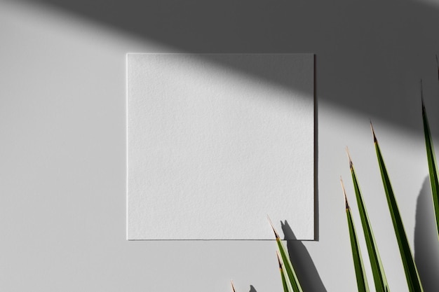 Photo invitation square card mockup with a palm leaf