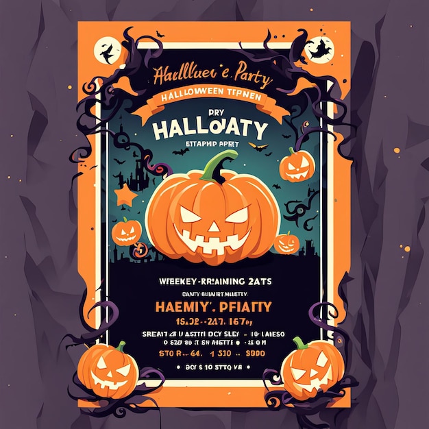 Invite your guests with this Halloweenthemed invitation featuring bats pumpkins and a vibrant che