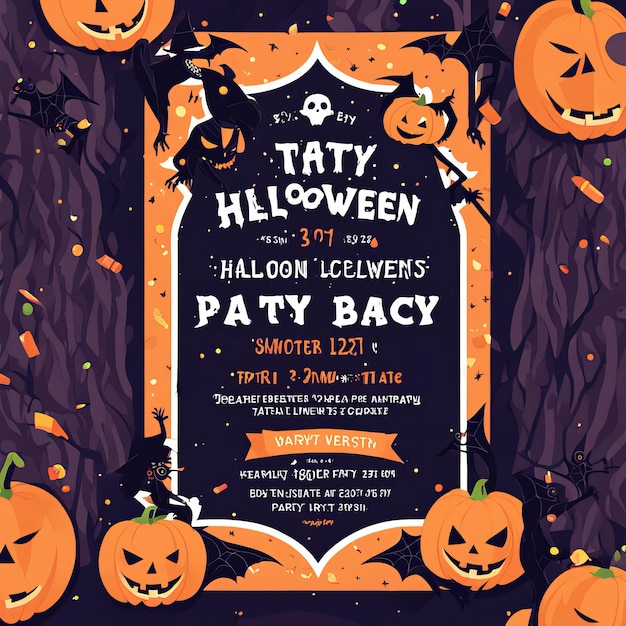 Photo invite your guests with this halloweenthemed invitation featuring bats pumpkins and a vibrant che