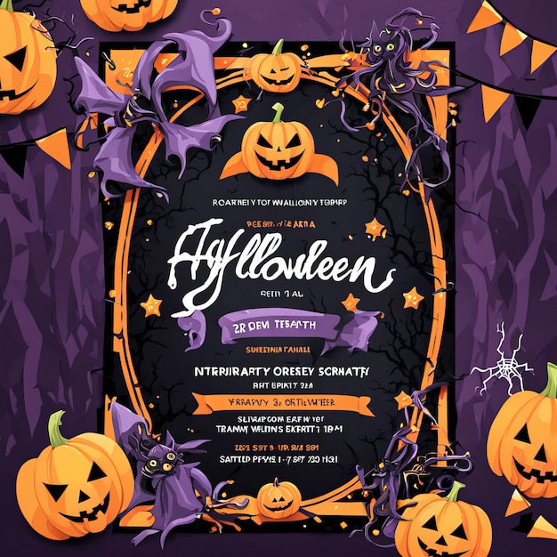 Photo invite your guests with this halloweenthemed invitation featuring bats pumpkins and a vibrant che