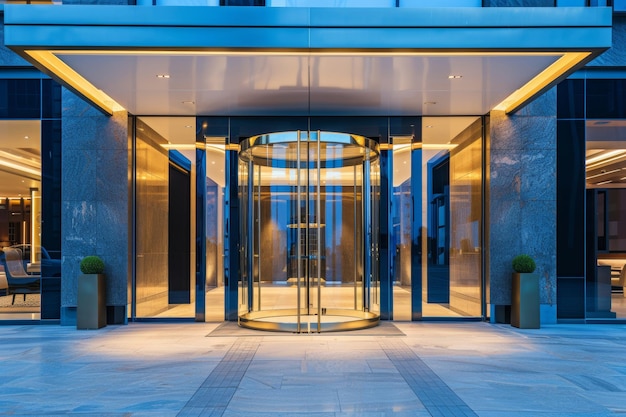 Photo inviting ambiance in lobby viewed through glass windows of hotel