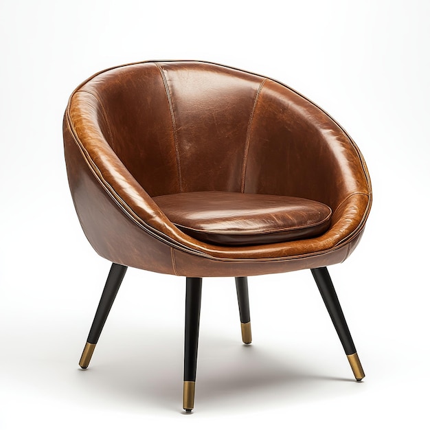 An inviting armchair featuring a sleek design and rich brown leather on a bright background