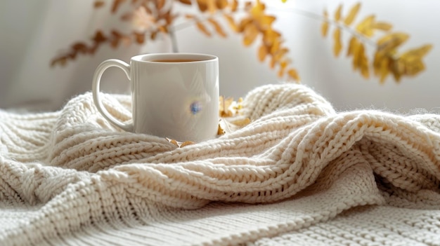 Inviting autumn photo with hot tea and blanket on white background cozy and minimalistic scene