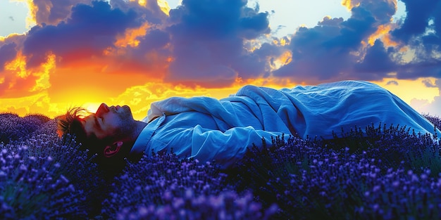 Photo an inviting bed set amidst a lavender field under a sunset sky perfect as a wallpaper