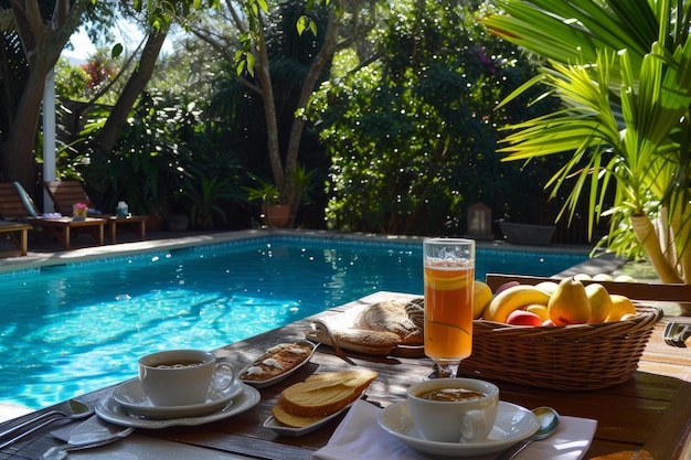 Inviting breakfast spread by a serene pool surrounded by lush greenery in a tropical resort