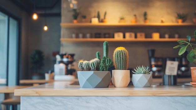 An inviting cafe scene with a stunning display of cactus and succulents in modern geometric pots