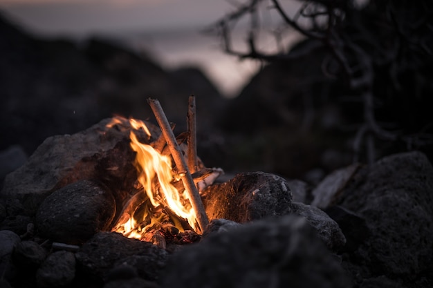 Inviting campfire on the beach during the summer. before night