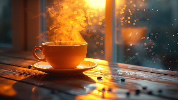 An inviting and cozy image of a dark aromatic cup of coffee steaming and captured on a rainy morning with soft diffused lighting ideal for coffee enthusiasts