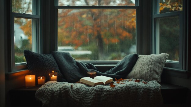 Photo inviting cozy window seat perfect for relaxation and enjoying a good book