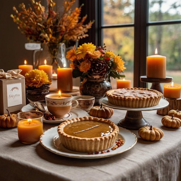 Photo inviting dessert spread with autumn pies tarts hot drinks and seasonal decor