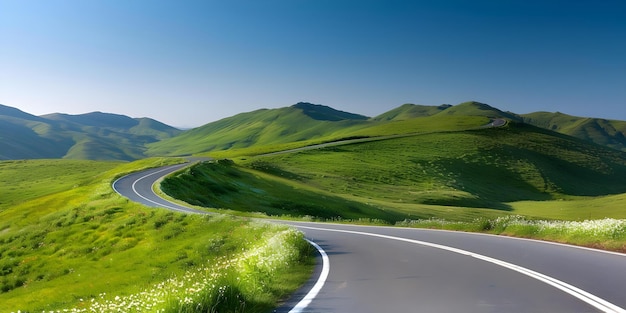 Inviting Exploration Scenic Country Road Winds Through Hillsides with Vibrant Wildflowers Concept Country Road Scenic Views Wildflowers Exploration Nature Portrait