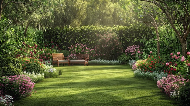 Inviting Garden Scene with Blooming Flowers and Bench