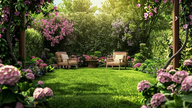 Inviting Garden Seating Area Amid Lush Greenery