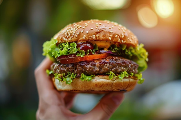 Inviting Hamburger Scene Detailed View with Delicious Burger and Warm House Backdrop