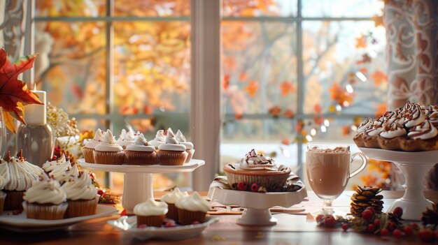 Photo inviting indoor thanksgiving dessert table with pies cupcakes hot chocolate view of crisp autumn weather falling leaves clear sky cozy lighting thanksgiving crispy weather sweets