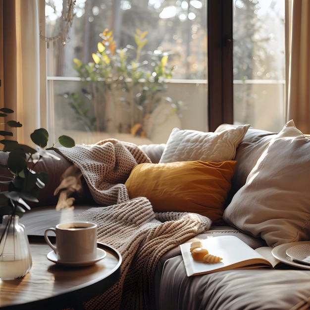 Photo inviting living room with plush sofa natural light and cozy elements