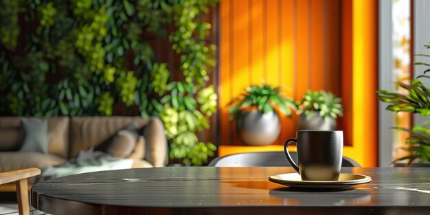 Inviting living space with a lush green wall comfortable seating and a black coffee mug on a wooden table bathed in natural light