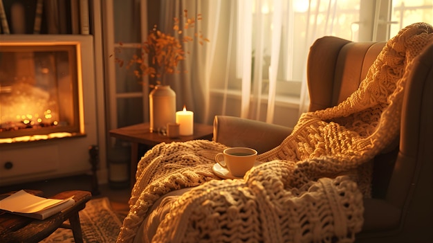 Photo inviting nook with armchair knit throw and steaming tea in a soothing softlit room