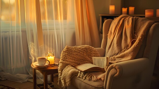 Photo inviting nook with armchair knit throw and steaming tea in a soothing softlit room