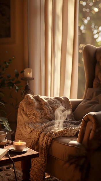 Photo inviting nook with armchair knit throw and steaming tea in a soothing softlit room