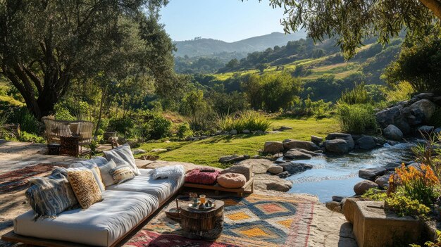 Inviting outdoor area by a babbling brook with a cozy lounge set colorful cushions and a