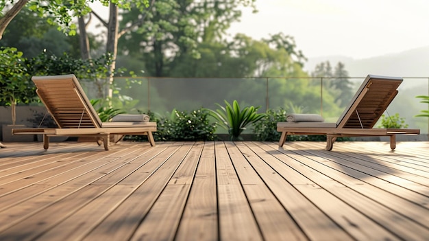 Photo inviting rustic wooden deck with lounge chairs