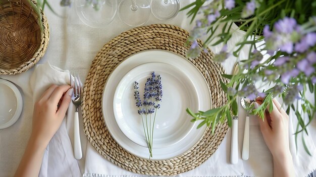 Photo an inviting summer table setting featuring elegant white dishes silverware and fresh generative ai