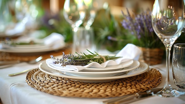 Photo an inviting summer table setting featuring a woven placemat white dinnerware linen n generative ai