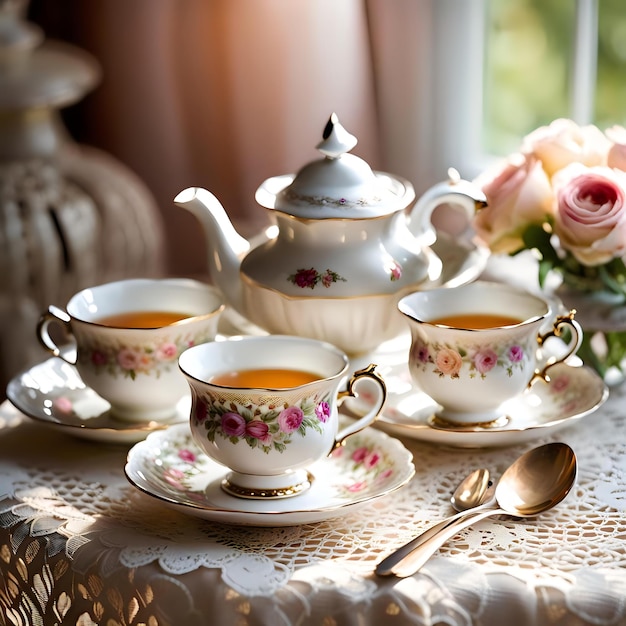 An Inviting Teatime Setup with Ornate Teacups and Saucers on Lace Tablecloth