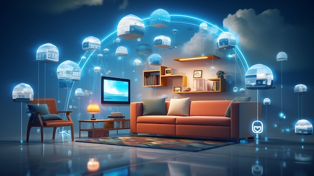 IOT smart home concept design Living room with floating internet of things concept icons