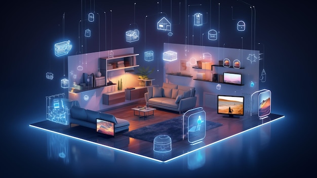 IOT smart home concept design Living room with floating internet of things concept icons