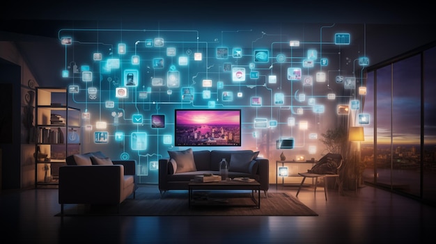 IOT smart home concept design Living room with floating internet of things concept icons