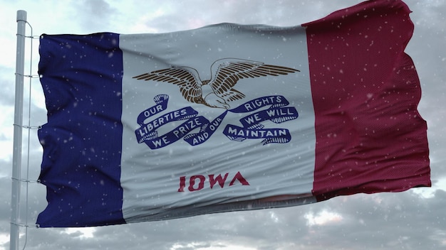 Iowa winter flag with snowflakes background United States of America 3d rendering